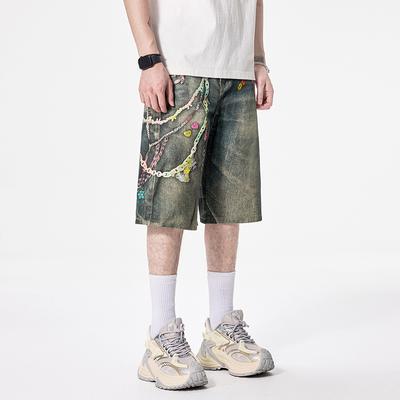 Klassischer Stil 3D Süßigkeitenketten-Print Denim-Shorts Herren Gerade Entspannte Passform Verkürzte Hose
