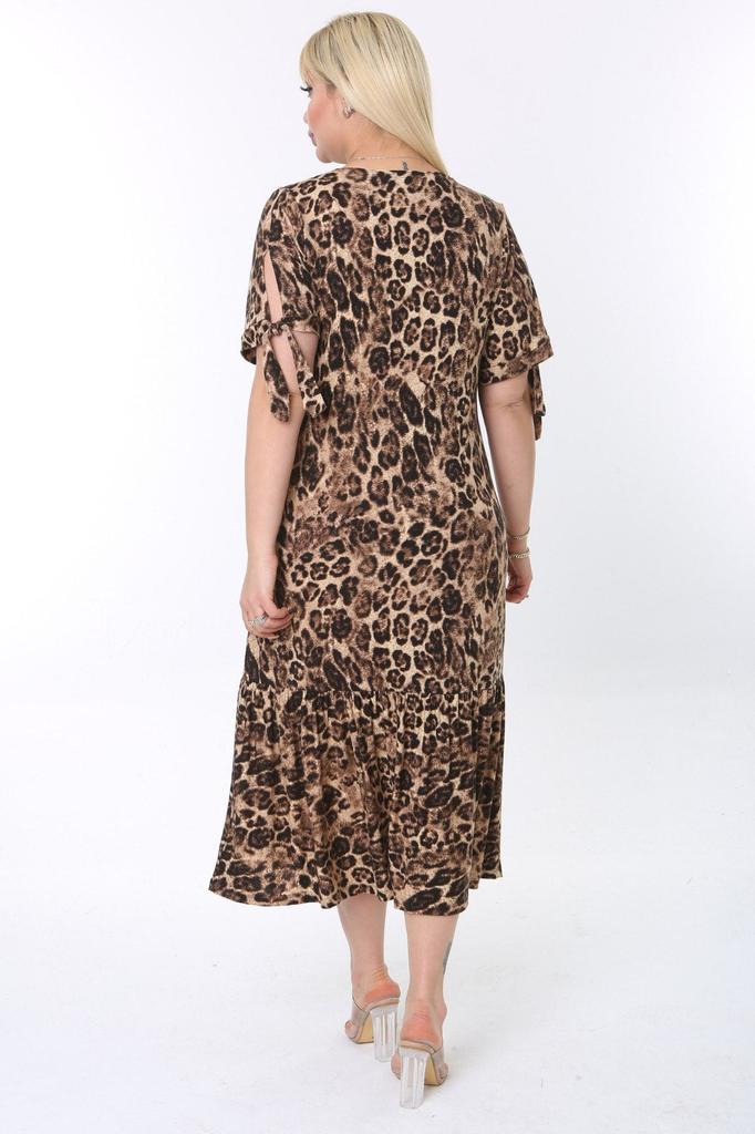 Women's Big Size Dress Plus Size Sleeves Rope Tie Leopard Pattern Dress
