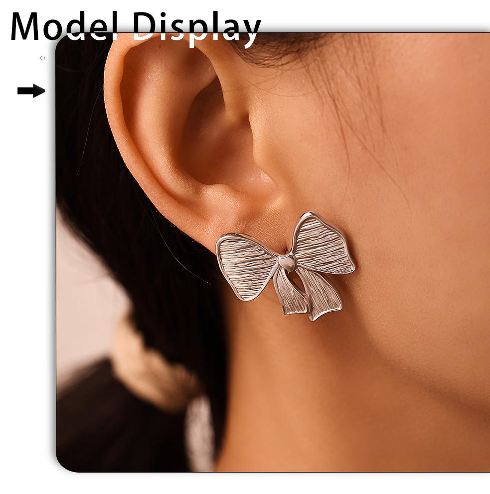 Qiong Yao European Style Bow Stud Earrings, Stainless Steel, Colorfast, Hypoallergenic, Simple Design for Women