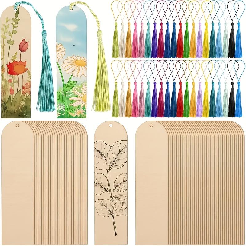 60pcs Unfinished Wooden Bookmark DIY Craft Kit - 30 Tags & Tassels Blank Bookboard Pendant Bookmark, wood decoration