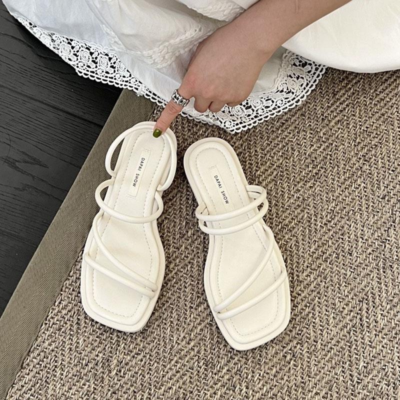 Comemore French Women Sandals Slippers Female Summer New Low Heeled Flip Flops Solid Casual Square Toe Beach Slippers