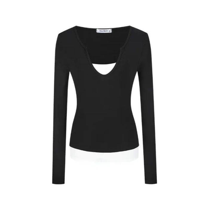 

American new retro fake two-piece long-sleeved T-shirt women s spring and autumn design sense splicing contrasting color slim-fitting S чёрный