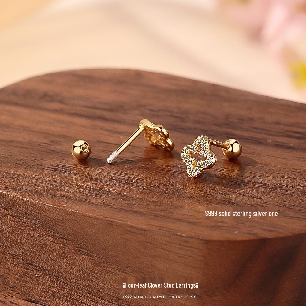 Sterling Silver Four-Leaf Clover Stud Earrings for Women - Comfortable for Sleeping
