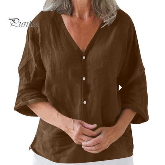 

Женская рубашка свободного кроя с V-образным вырезом и рукавом 3/4, летняя застежка на пуговицы, однотонная повседневная футболка на каждый день S темно-коричневого