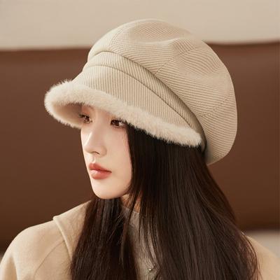 Plush Warm Plush Beret Women's New Autumn and Winter Octagonal Hat Thickened Fashion Pile Hat Bucket Hat