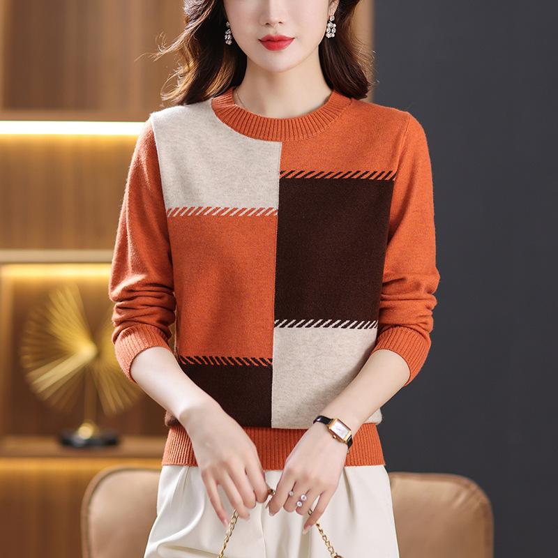 

Осень-зима женский вязаный свитер с цветными блоками, короткий круглый вырез, пуловер, вязаный свитер, повседневный джемпер, трикотаж S оранжевый