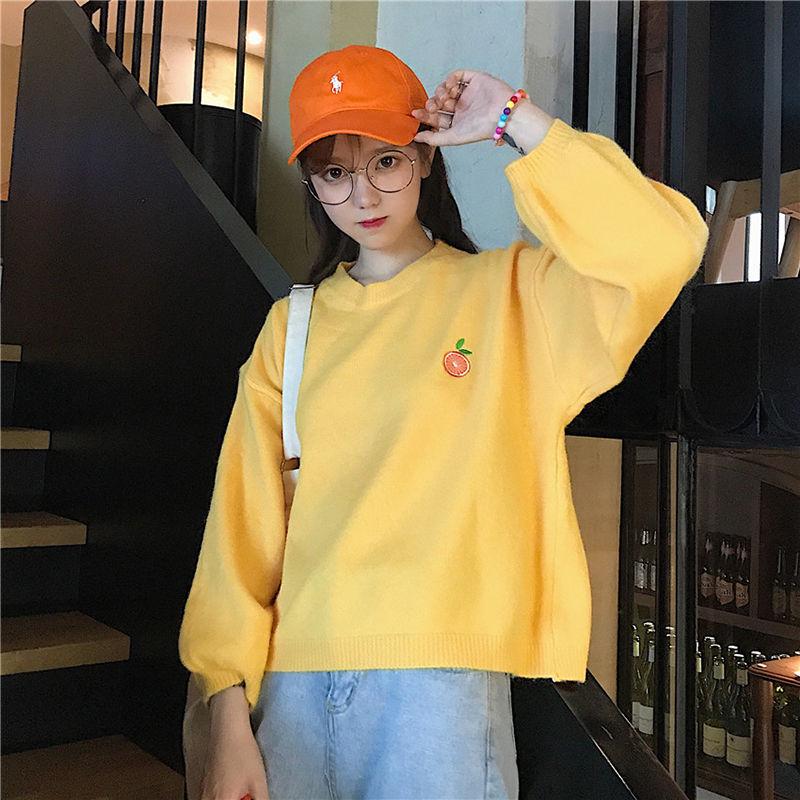 Sweater Girl Student Korean Loose Winter and Autumn Fruit Embroidery Pullover Sweater Female Candy Color Sweater