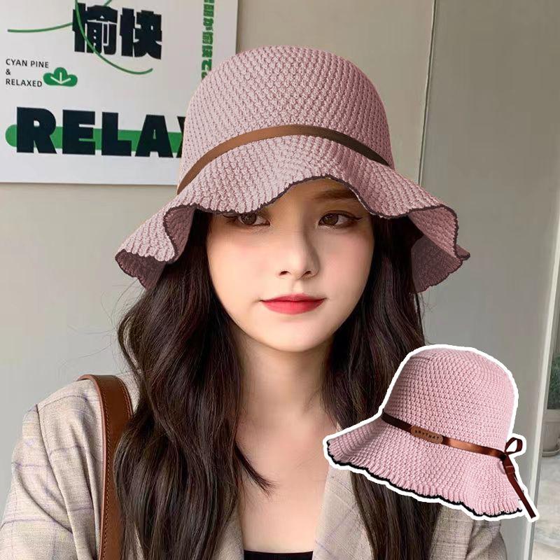 Fashion Solid Color Straw Hat for Women Summer Ruffle Wide Brim Sunshade Ribbon Bow Fisherman Cap Female Outdoor Basin Hat