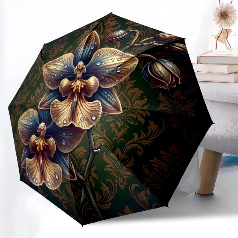 

1pc Sturdy 8-Bone Auto Umbrella, Elegant Orchid Dark Floral Blooms Umbrella, Digital Printed, Foldable Umbrella for On-the-Go Outdoor Use