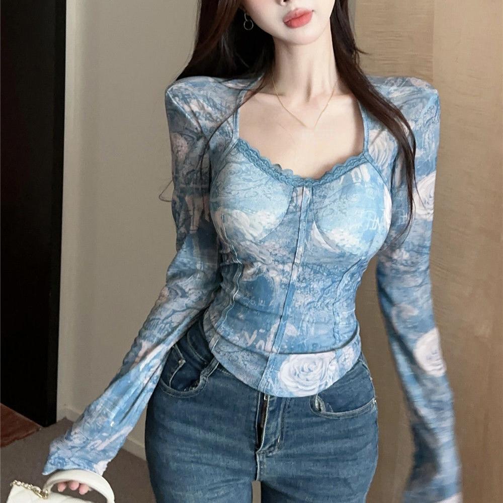 

Весенние топы Y2k с эстетическим принтом тай-дай, кружевные укороченные топы, уличная одежда в стиле Харадзюку, женская винтажная сексуальная футболка в стиле гранж, футболки L синий