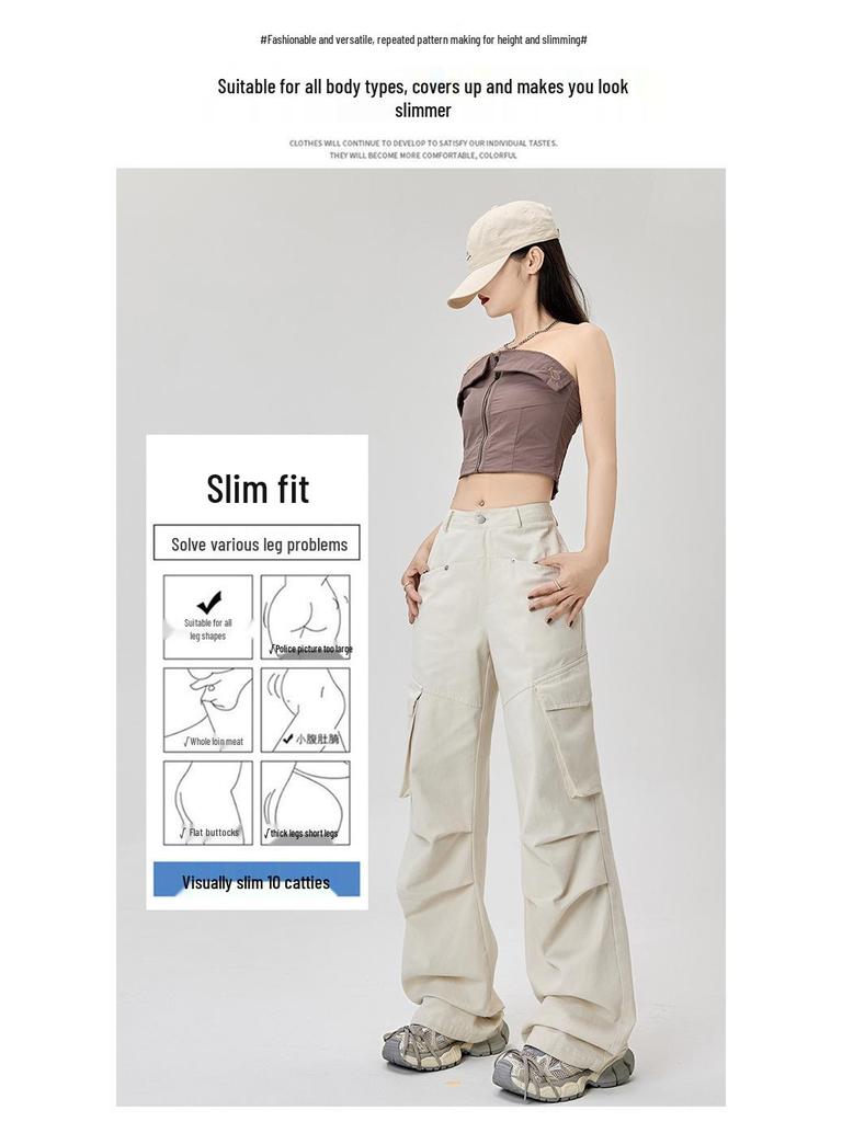 Women's Retro Multi-pocket Cargo Flare Pants - Cool, Loose Streetwear Pleated Style