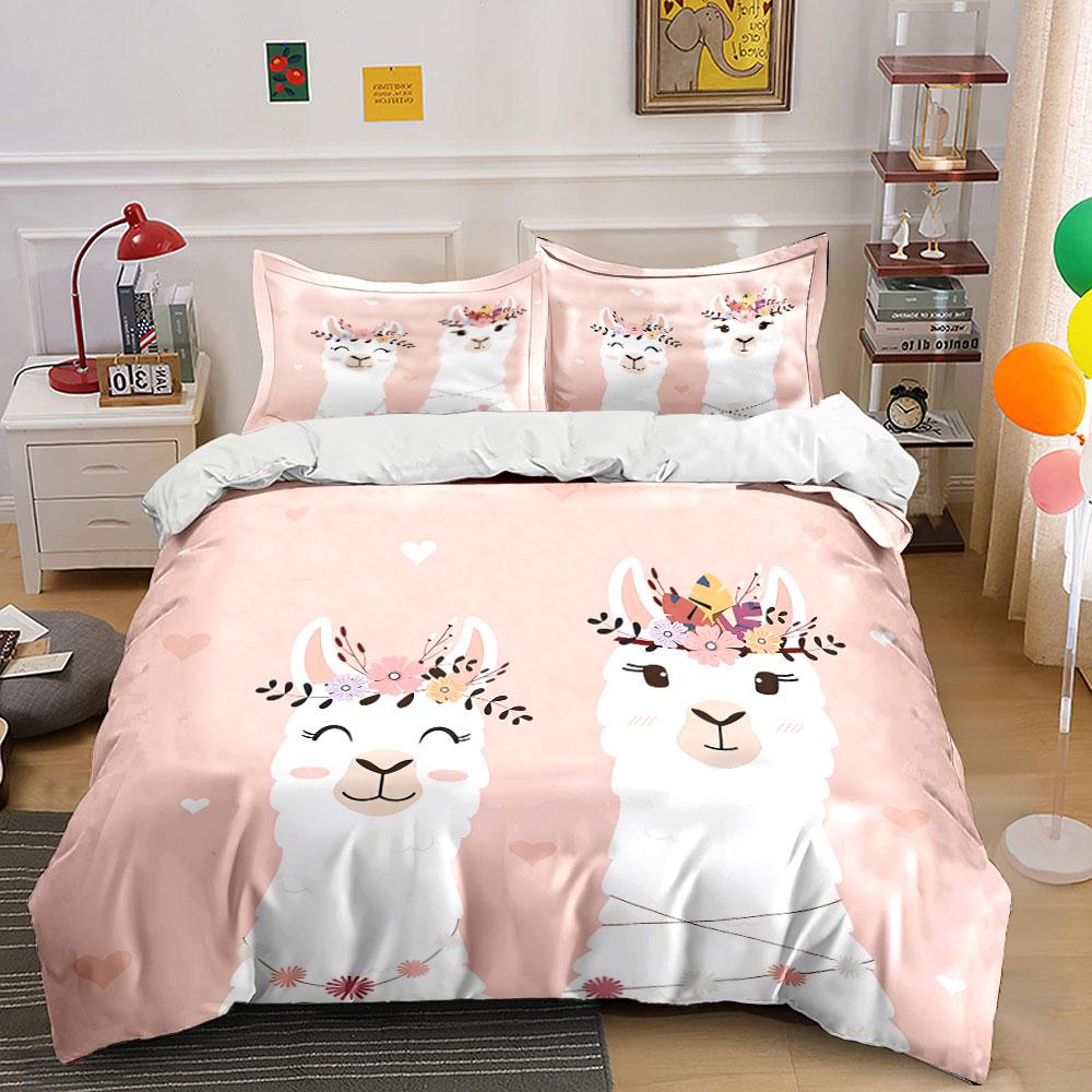 Cute Llama Pair with Flowers Bedding Duvet Cover Set Duvet Cover Pillowcases (1*Duvet Cover 2*Pillowcases, without duvet insert)