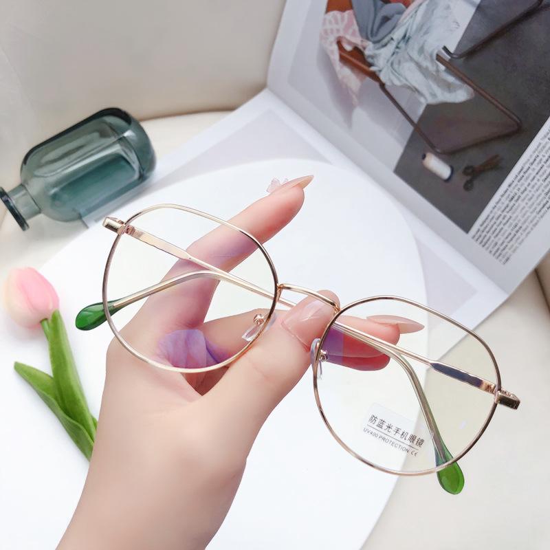 Anti-Blue Flat Glasses Women'S Fashion Retro Metal Glasses Large Frame Can Be Equipped With Myopia Glasses Frame