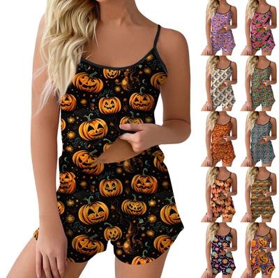 Women's Fashion Halloween Printed Set Sleeveless Top Shorts With Pajamas