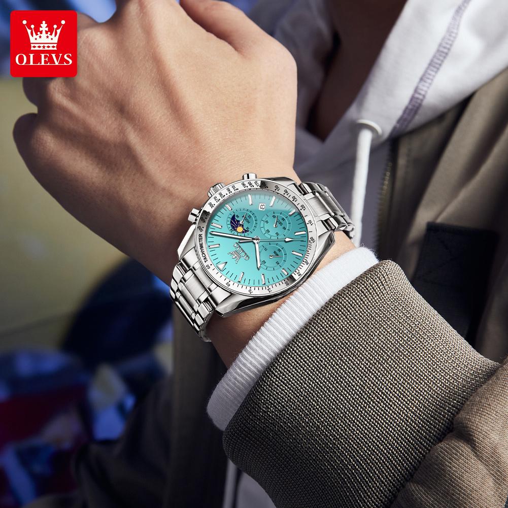OLEVS 3618 Quartz Watch for Men Luminous Moon Phase Chronograph Date Waterproof Business Luxury Men's Dress Wristwatch
