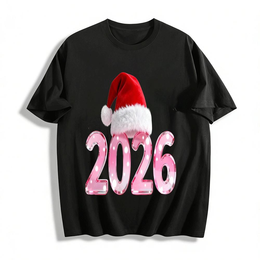 2026 Christmas New Year Pink Number Print Casual Top Pure cotton T-shirt XXS