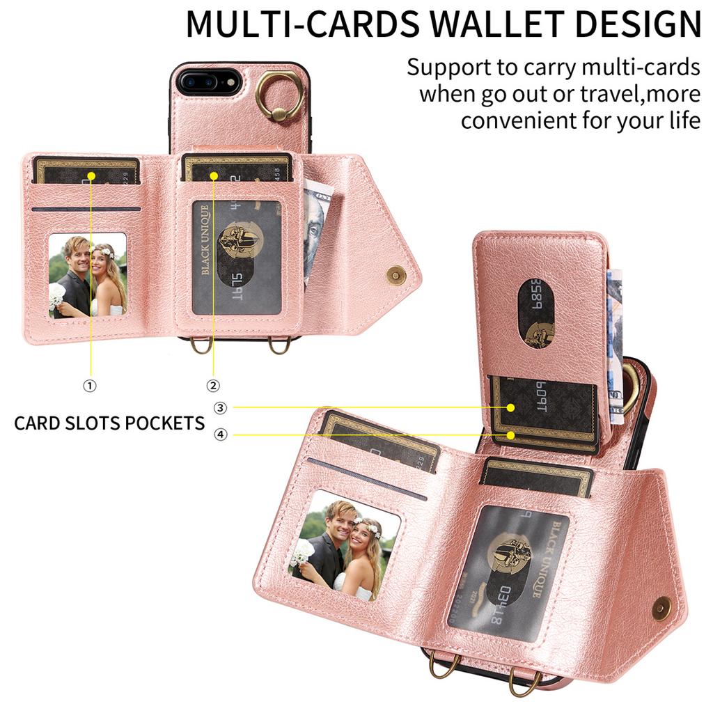 Per iPhone 6/6s/6Plus/7/8,7Plus/8Plus,iPhone SE (2020/2022) Tracolla Corda Anello Staffa Design Porta Carte Slot Copertura con Texture Litchi Custodia per Telefono
