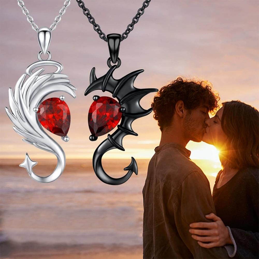 Neue Schwarz-Weiß-Farbe Herz Engel Teufel Flügel Anhänger Halskette Ohrringe Einzigartiger Mode Gothic Valentinstag Schmuck Geschenk
