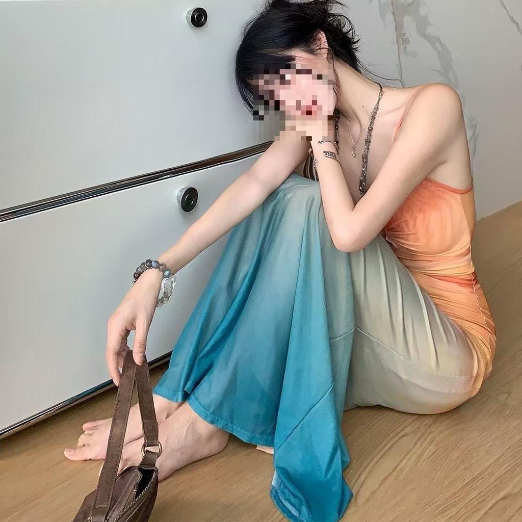Holiday Vacation Wind Dopamine Beautiful Island Vacation Atmosphere Gradual Change Color Sunset Tie Dye Mesh Suspender Dress