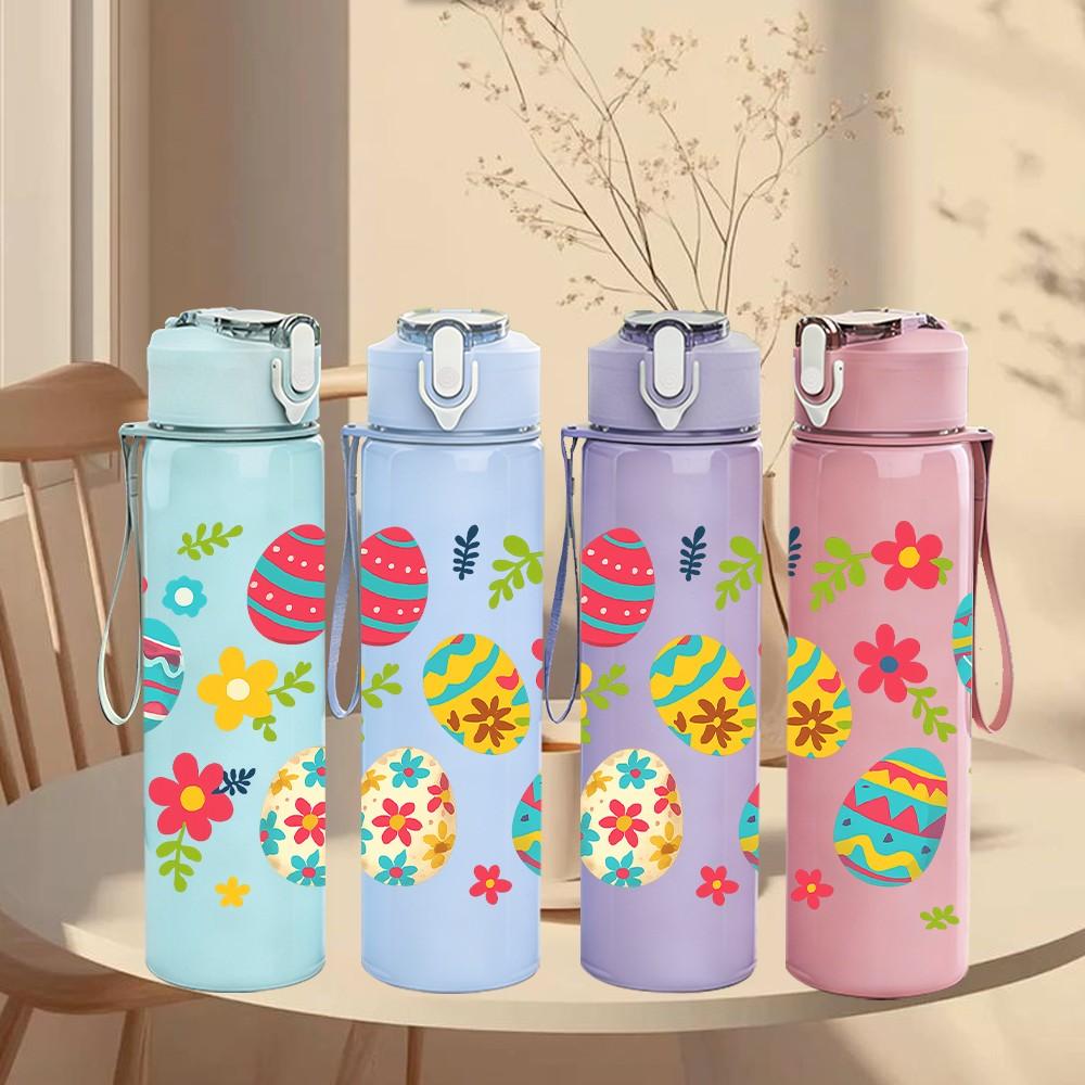 1PC Colorful Easter Egg Pattern Print 750ml Color Plastic Sports Water Bottle Leakproof Flip Straw Lid Suitable for Sports Office Home Use