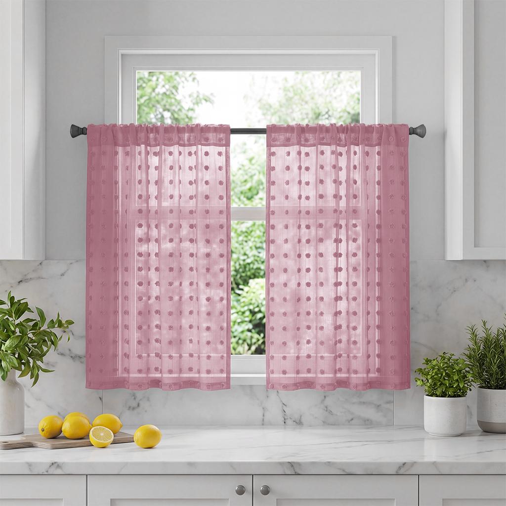 Kitchen Curtains, 2-Piece Set, Polka Dot Jacquard, Rod Pocket Top