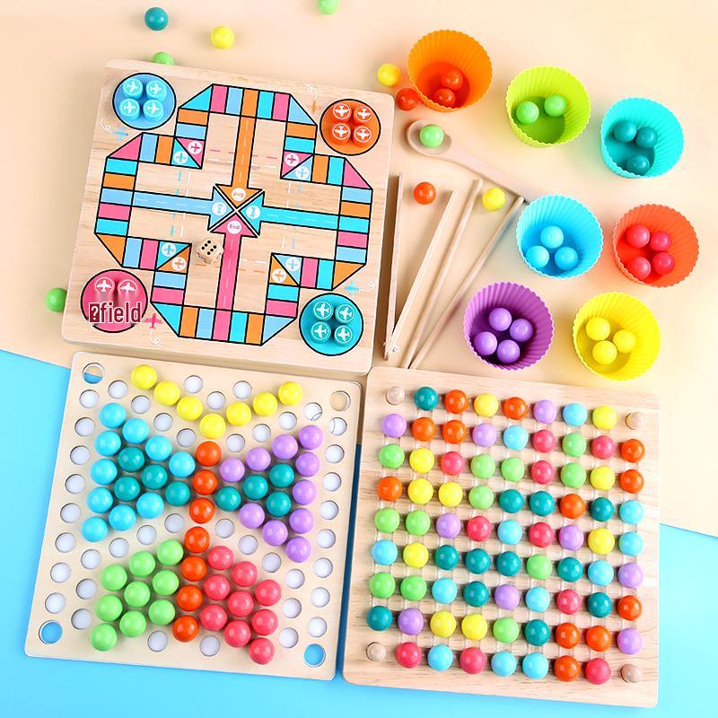 Wooden Children's Bead Puzzle Game Tweezers - Fun Hand-Eye Coordination Toy for Early Education