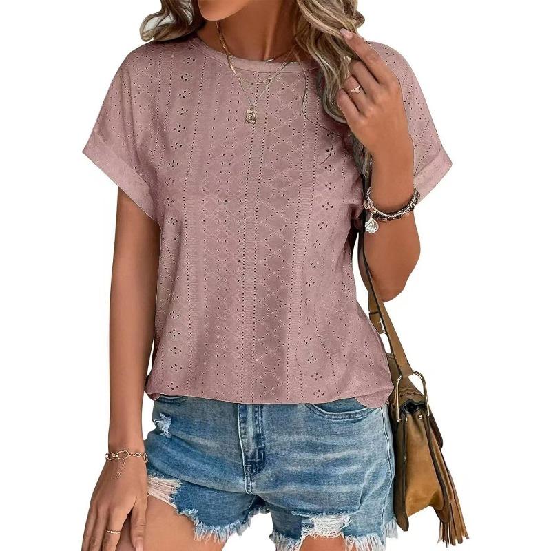 Spring and Summer Round Neck Hollow Out Women Blouse New Loose Short Sleeved T-shirt Solid Color Casual Simple Top Sweet Shirts Ladies Clothing