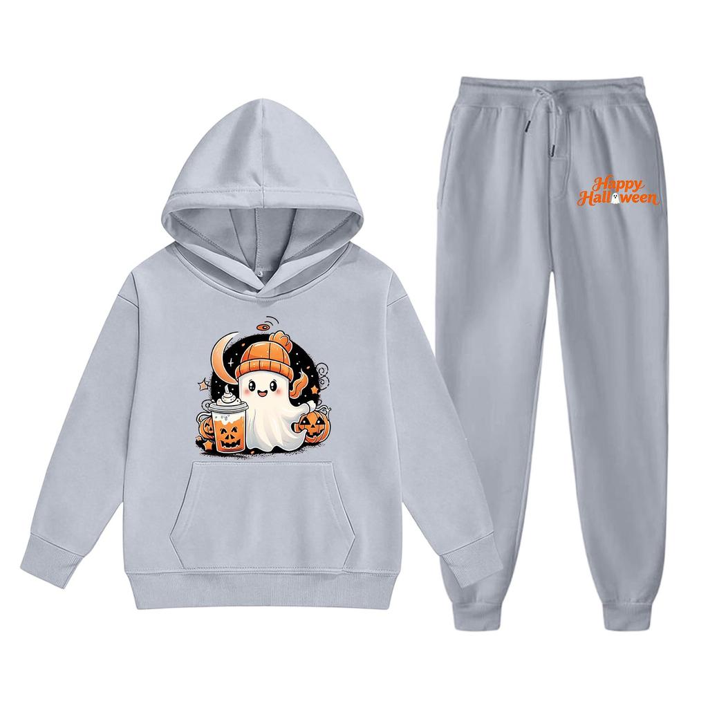 Kids Halloween Hoodie Set Ghost Print Pullover Sweatshirt and Pants Outfit Soft Comfortable Fabric Suitable for Fall and Winter Wear