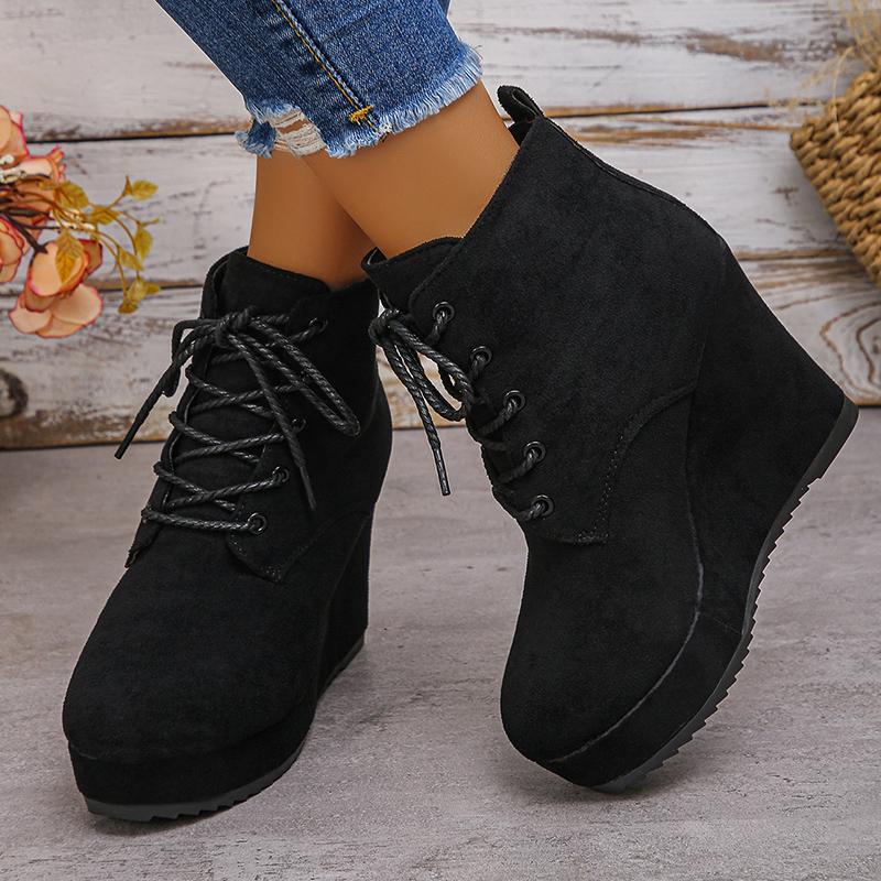 Fashion Fashion Lace Up Wedge Boots for Women Plus Size 35-42 Chunky Platform Ankle Boots Woman Autumn Winter Faux Suede Short Booties