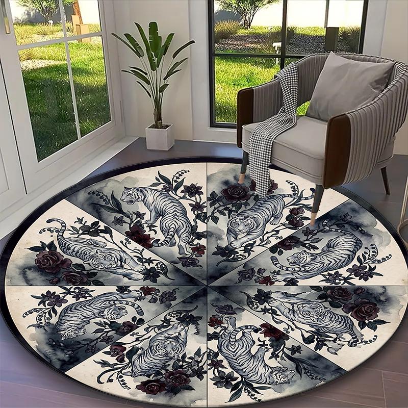 1pc Dark Floral Tigers Rug, Digital Printed Home Chair Sofa Mat, Durable Office Round Carpet, Beautiful Festival Decorations