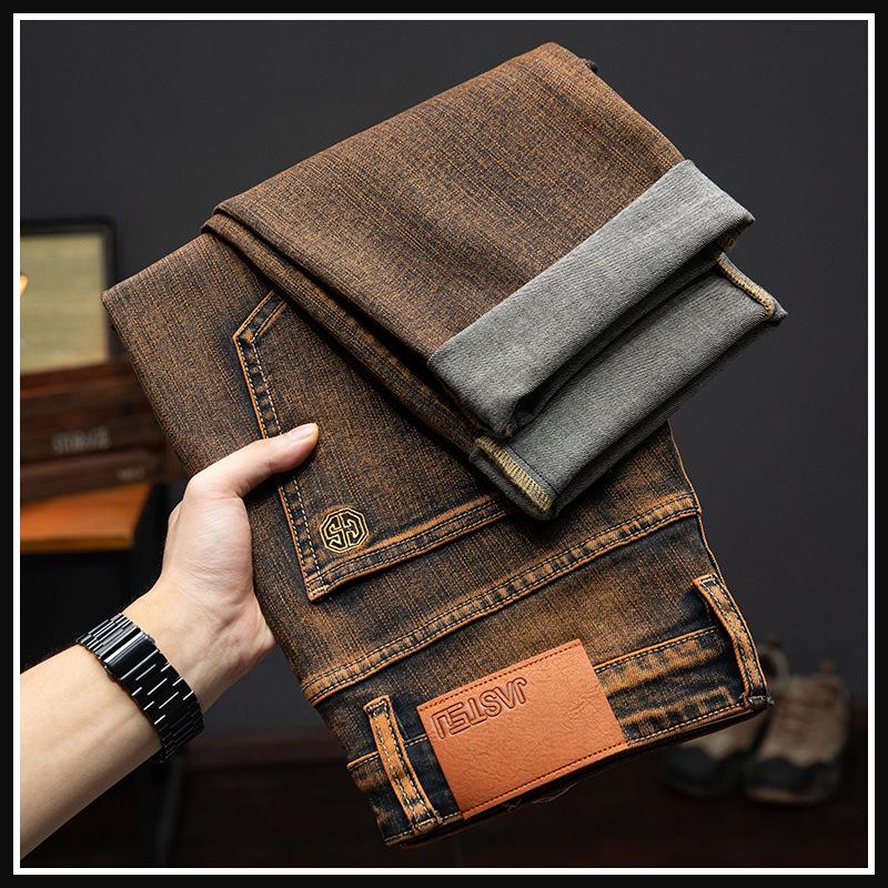 

Мужские коричневые эластичные узкие прямые джинсы – модные и повседневные на весну и осень 2024 года 32 античный бронзовый