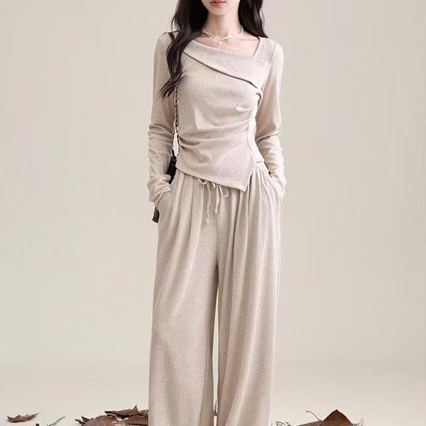 Trendy Retro Irregular Long-Sleeve T-shirt & High-Waist Casual Pants Two-Piece Set for Women XL