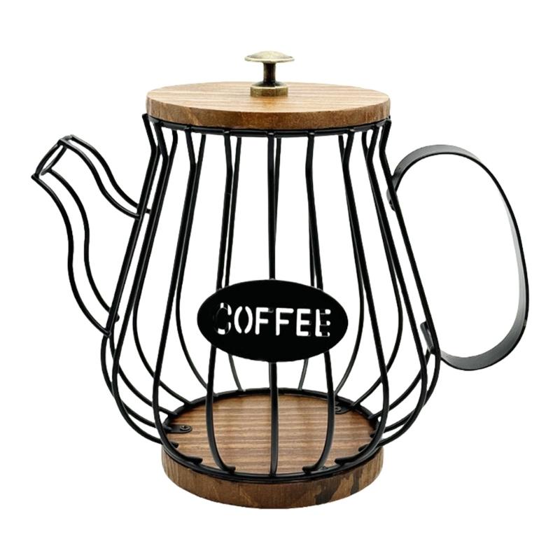 

Espresso Capsules Storage Basket Iron Frame Wood Lid Coffee Pod Holder with Wooden Base Accessory For Kitchen And Office чорний