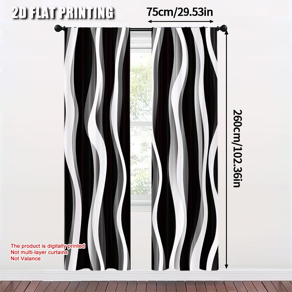 2Pcs Modern Abstract Art Black Striped Light-Filtering Curtain Polyester Drapes For Living Room Office Bedroom Home Decor