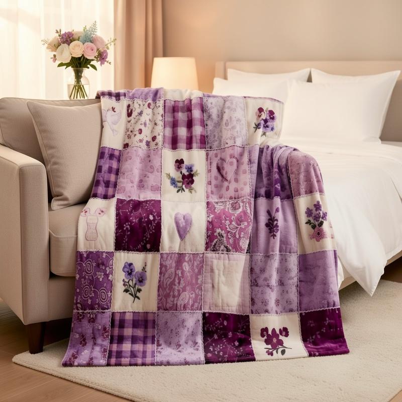 1 Stück Lila Vintage Patchwork Floral Kariert Taube Herz Muster Flanell Decke, Einseitiger Druck, für Sofa Schlafzimmer Büro Reisen, Gemütliche Wohnkultur