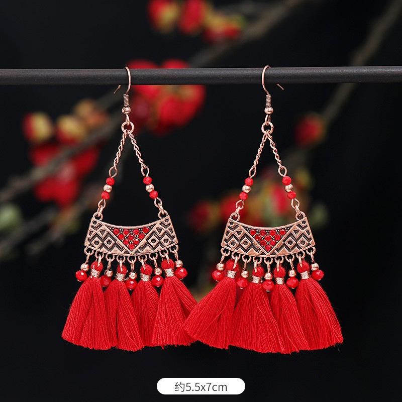 Vintage Bohemian Red Tassel Earrings Female Long Temperament Earrings Vacation Photography Bridal Earrings