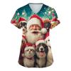 Women's V-neck Christmas printed short-sleeved pocket side-slit protective suit top