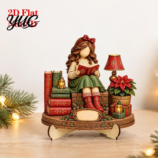 Christmas Shelf Decor Book Lover Gifts for Women, Just A Girl Who Loves Wooden Plaque, Holiday Ornaments 2D Flat Reading Block Sign with Stand