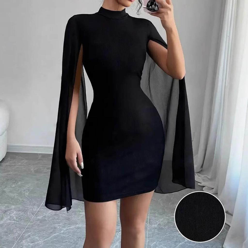 Women's Fashionable Casual Color Round Neck Ribbed Chiffon Cape Bodycon Dress