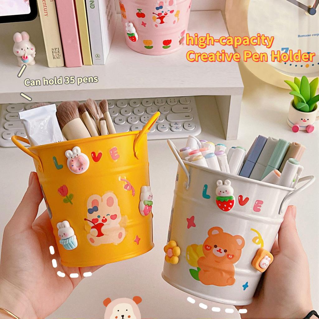 Creative Iron Art Pen Holder Student Desktop Storage Box Ins Fengwang Red Small Iron Bucket Personalized Cute Office Pen Bucket