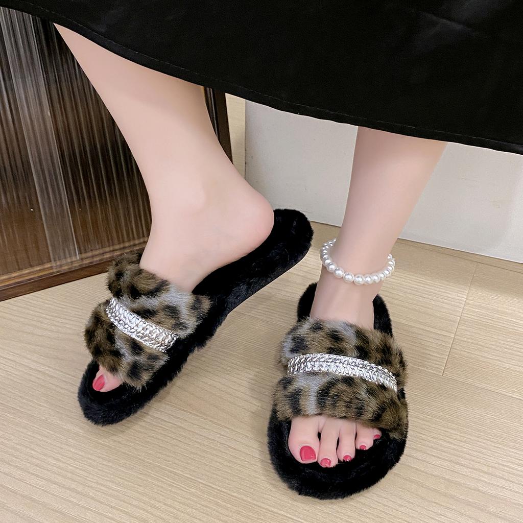 Sexy Slippers Woman Slides Daily Flat Low Heels Shoes for Women Leopard Fur Slip on Platform Bling Winter Shoes Plus Size