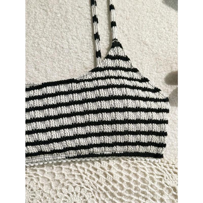 Sexy Black Striped Bikinis 2025 Women Halter Pleate Push Up Micro Swimsuit Brazilian Beach Bathing Suit Holiday Thong Swimwear