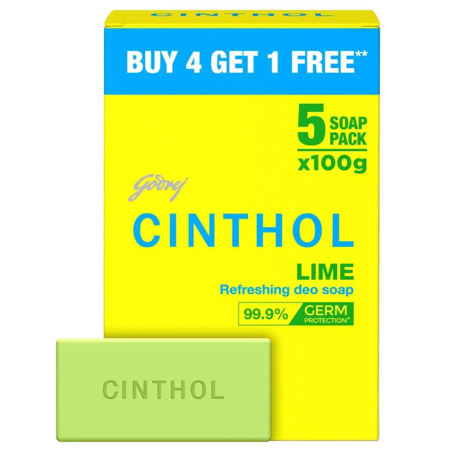 Мыло для ванны Cinthol с лаймом - 100 г (Пакет из 5) | Лимонный аромат дезодоранта | Мыло 1 сорта | Для всех типов кожи