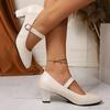 Fashion Women's Black White Mary Jane Pumps Buckle Strap Thick Med Heels Dress Shoes Woman Pu Leather Comfort Office Work Shoes Big Size