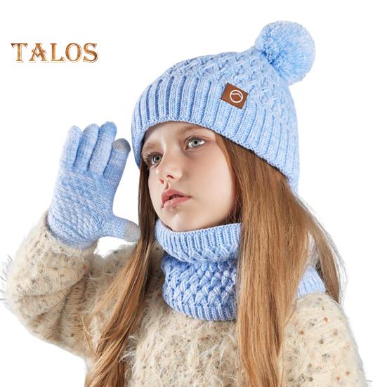 Kids Winter Hat Gloves Scarf Set Cold Weather Knitted Bear Hat with Pom Fleece Lined Neck Warmer Mitten Set for Girls Boys Ages 4-10 Outdoor
