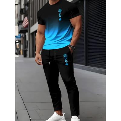 Men'S Short Sleeve Round Neck T-Shirt And Pants Set with 3D Print, Elegant Casual Round Neck Design with Slightly Elastic Knit