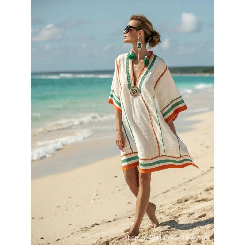 2026 women's V-neck dress seaside vacation 3D printing loose skirt beach