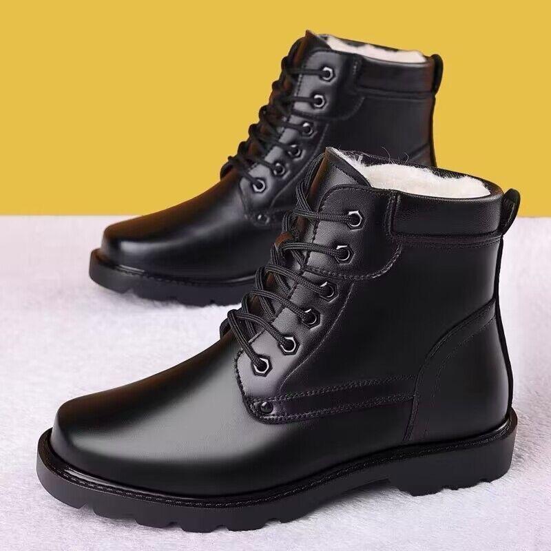 Genuine Leather Men's Winter Warm Wool Cotton Padded Lace Up High Top Snow Boots Fleece Lined Outdoor Slip Resistant