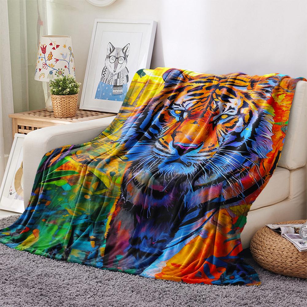 1Pc Tiger Fox Art Print Flannel Blanket, High Quality Comfortable for All Seasons, Home Decor, Warmth and Comfort, Perfect for Gifts