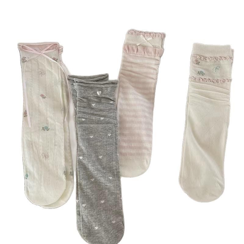 Summer Floral Ribbon Bow Lace Ankle Socks In Ballet Style, with Layered Stockings.